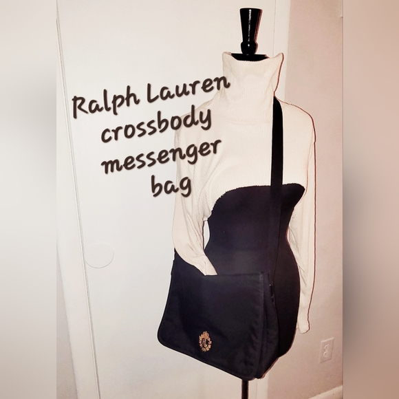 Ralph Lauren messenger crossbody bag black with gold crest - Picture 14 of 15